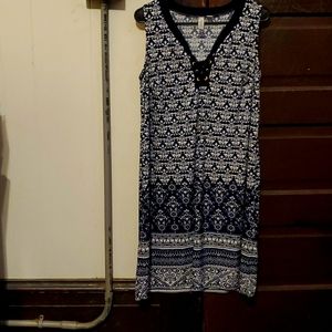 Navy and white patterned sleeveless dress